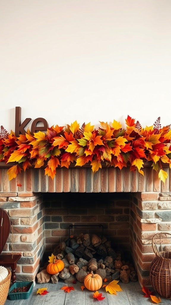 A fall-themed mantel decorated with colorful leaf garlands and pumpkins.