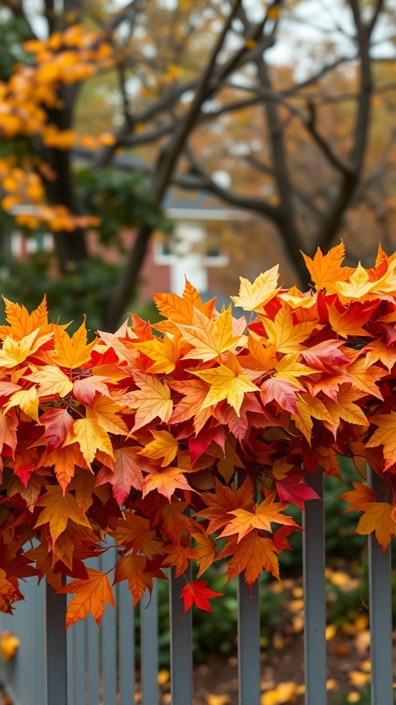 Colorful leaf garlands in vibrant autumn colors hanging on a fence