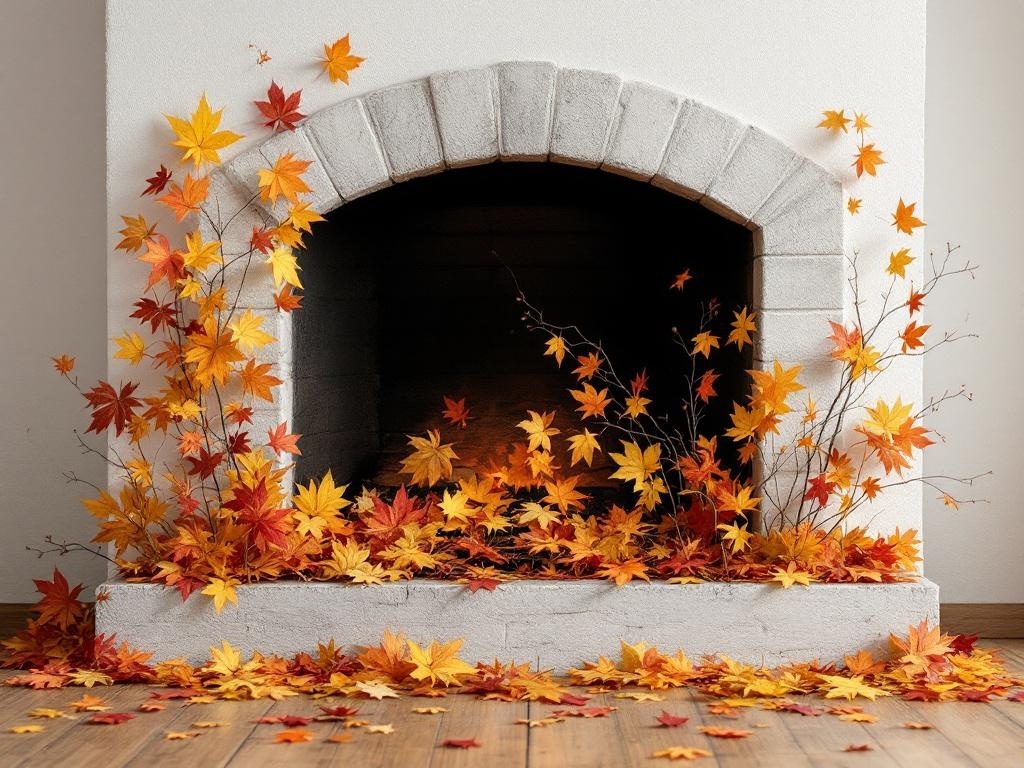 A fireplace decorated with colorful autumn leaves in shades of red, orange, and yellow.