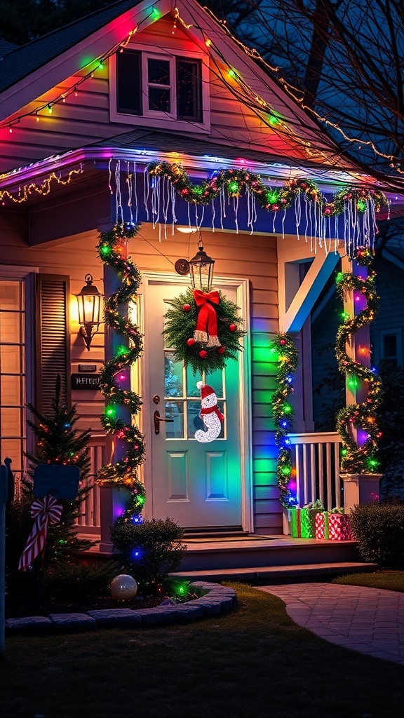 A cozy home decorated with colorful LED icicle lights and Christmas decor.