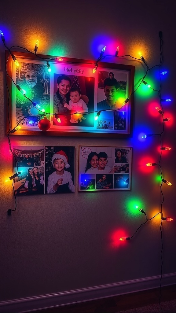 A photo collage surrounded by colorful Christmas lights in a bedroom.