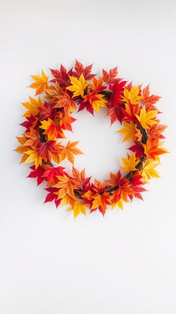 A colorful wreath made of red, orange, and yellow maple leaves on a white background.