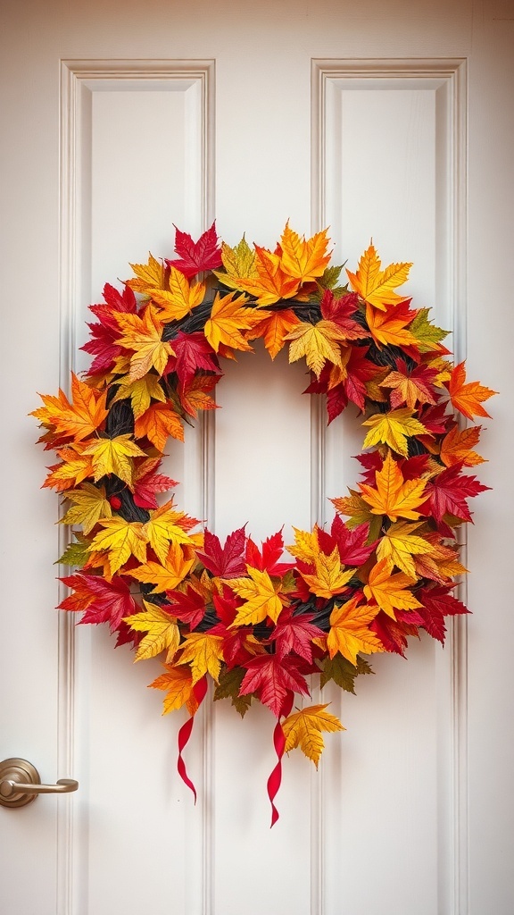 A colorful wreath made of red, orange, and yellow maple leaves with red ribbons, hanging on a white door.