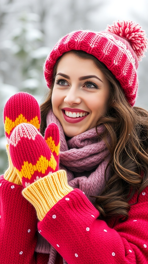 A woman smiling while wearing a red knitted hat and colorful mittens, with a pink scarf wrapped around her neck, set against a snowy background.