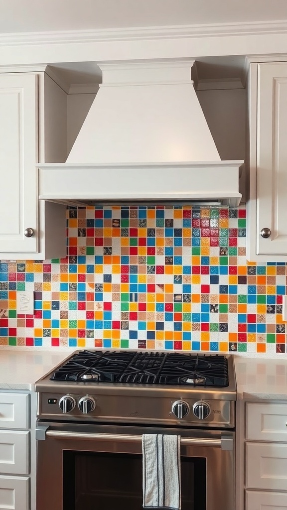 Colorful mosaic tile backsplash in a kitchen with a stainless steel stove