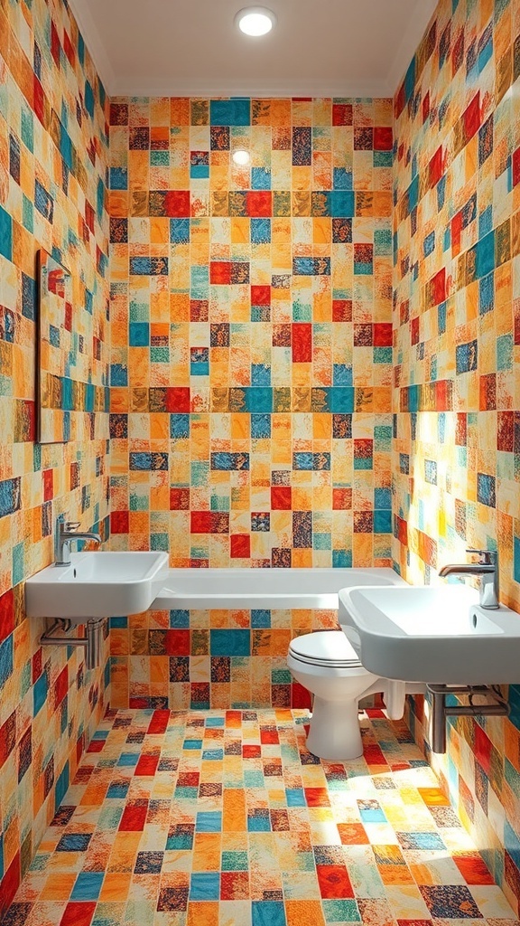 A vibrant bathroom featuring colorful mosaic tiles in various patterns.