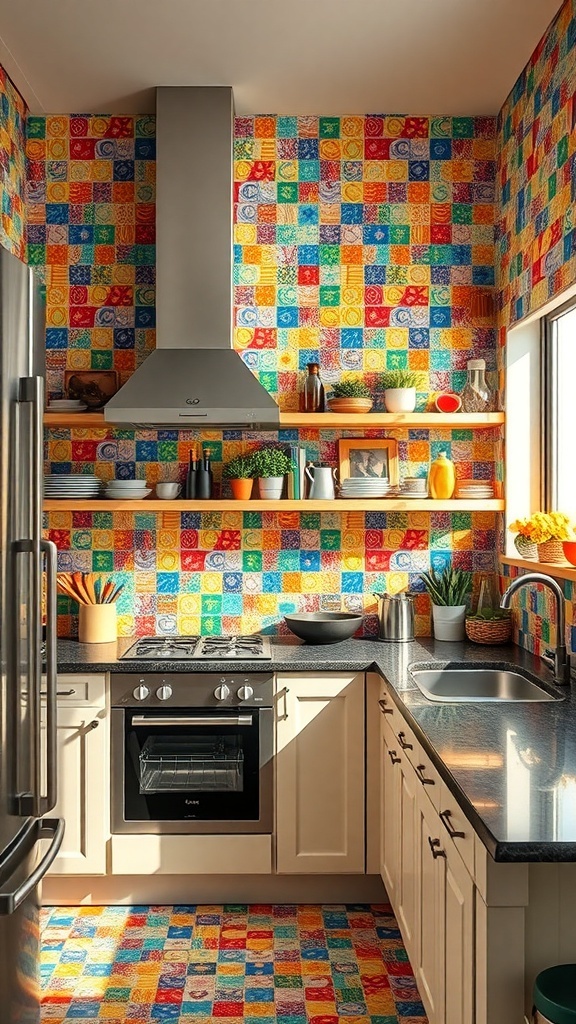 A kitchen featuring colorful mosaic wallpaper with vibrant patterns.