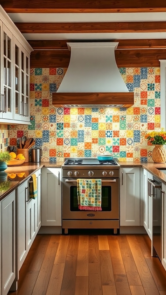 A farmhouse kitchen featuring colorful mosaic tiles as a backsplash.