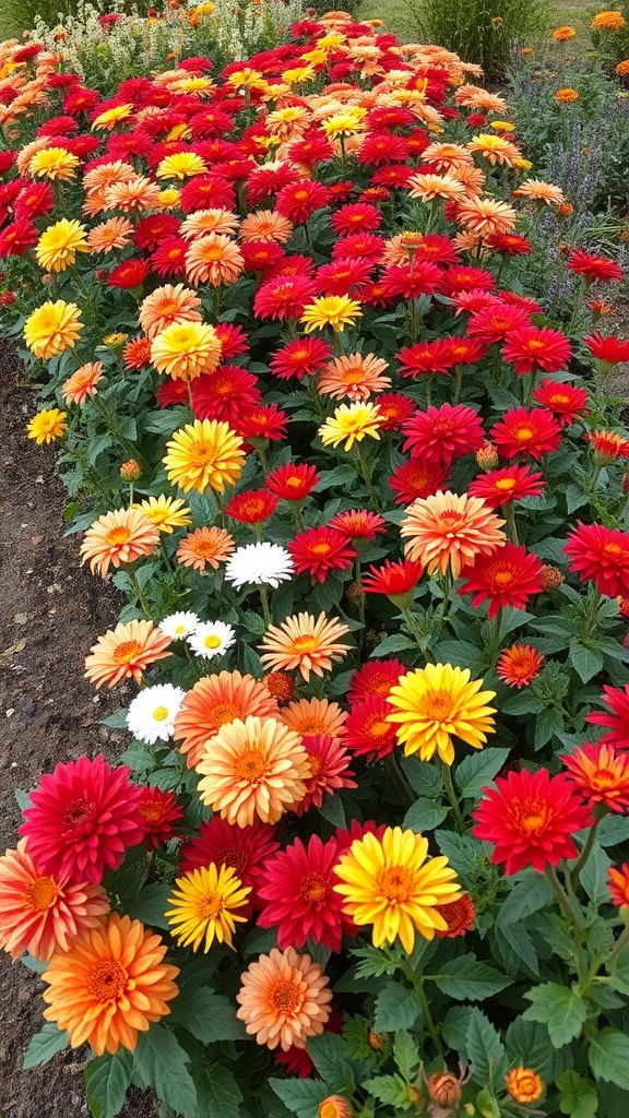 A vibrant display of colorful mums and seasonal flowers in shades of red, orange, and yellow.
