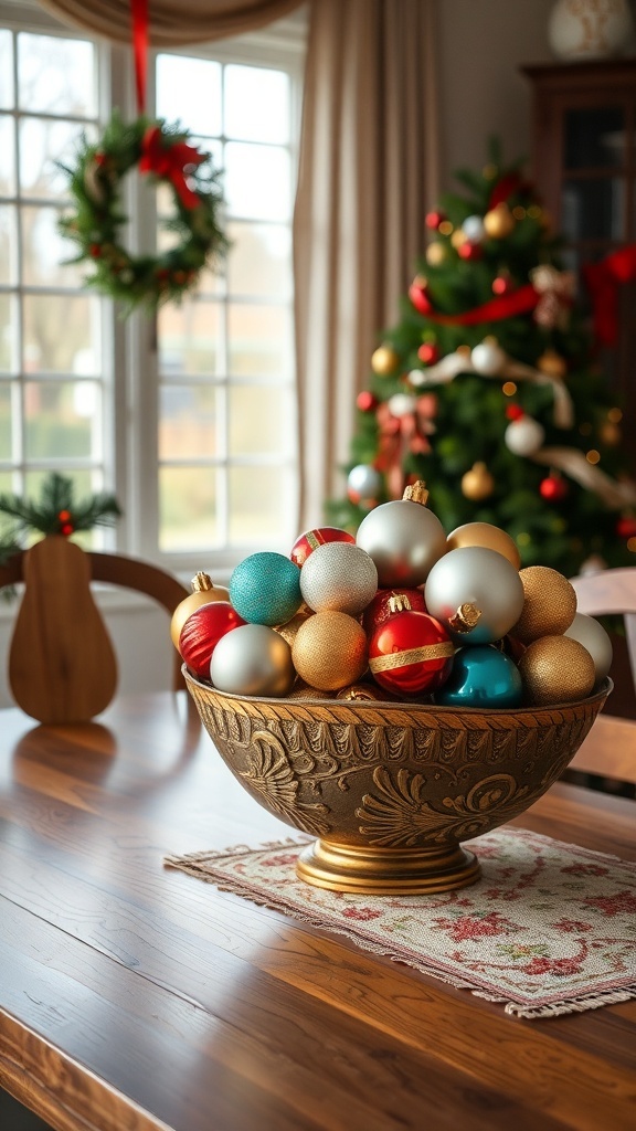 A decorative bowl filled with colorful Christmas ornaments on a dining table, with a festive wreath and Christmas tree in the background.