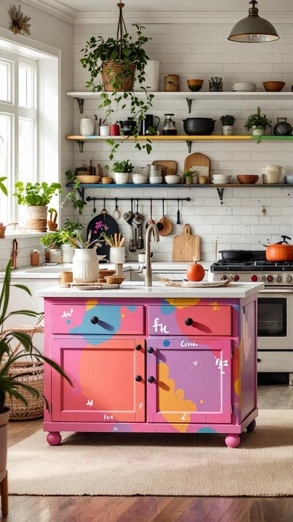 A colorful painted kitchen island with a pink base and splashes of blue and orange, surrounded by a bright kitchen setting.