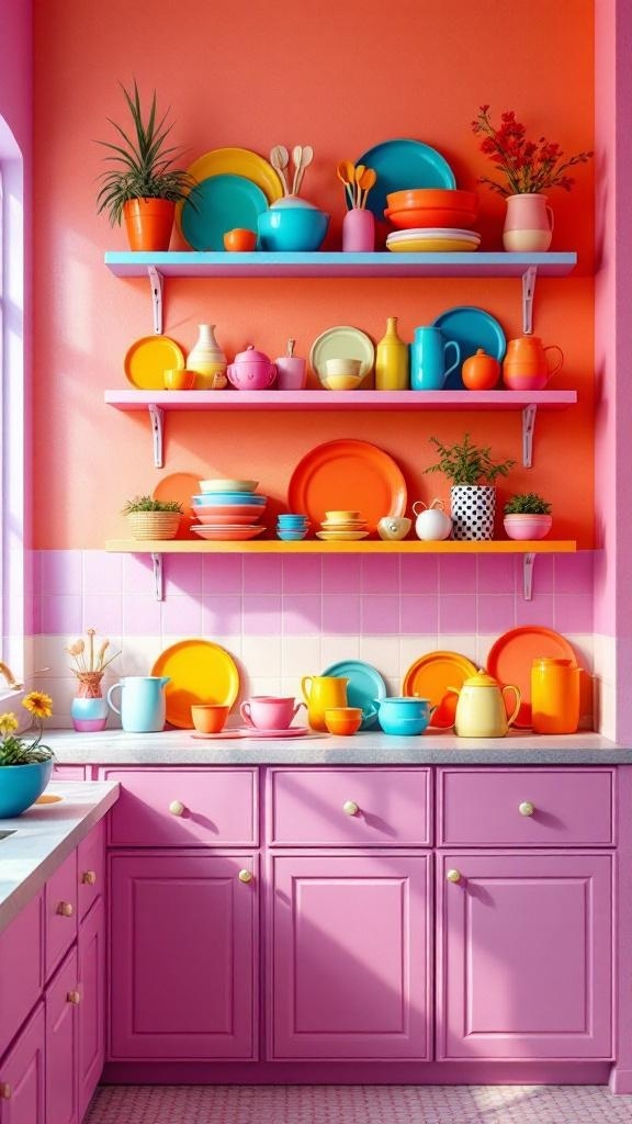 Colorful kitchen shelves with vibrant dishes and decor against a coral wall