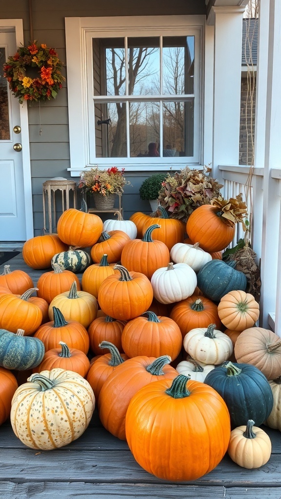 A colorful display of pumpkins on a porch, featuring various sizes and colors, with a wreath and potted plants in the background.