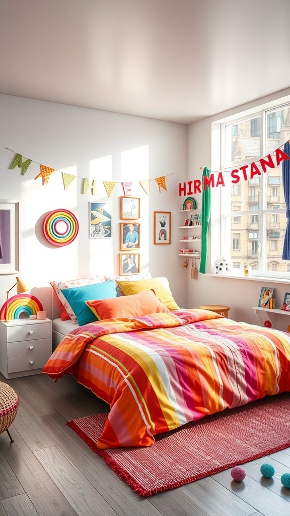 A vibrant teen girl's bedroom featuring colorful striped bedding, playful decor, and bright natural light.