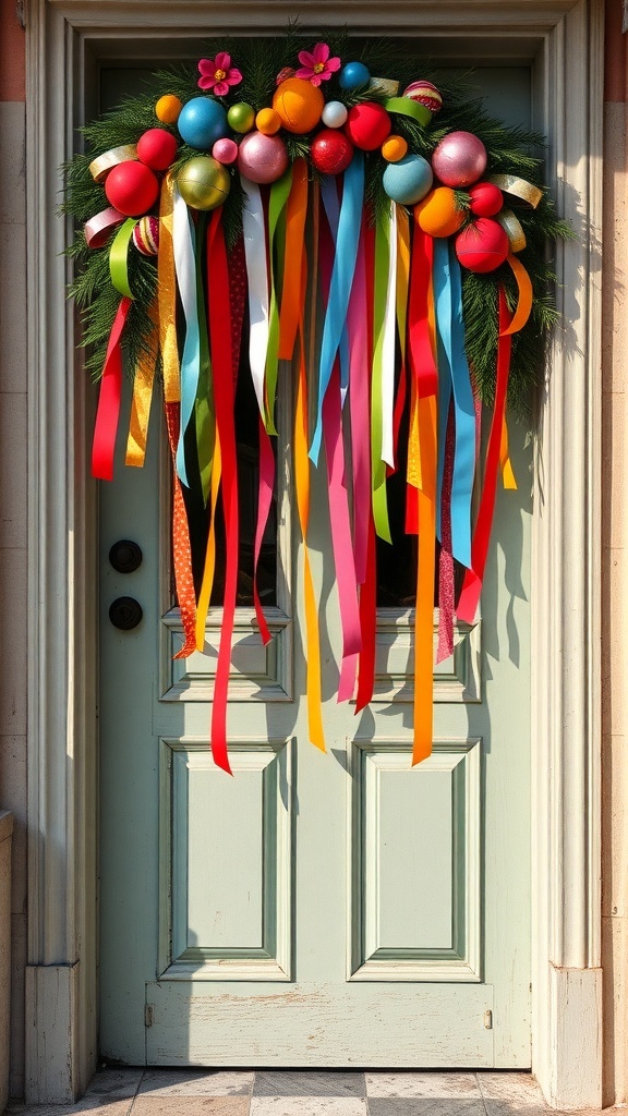 A door decorated with colorful ribbons in red, green, yellow, and pink.