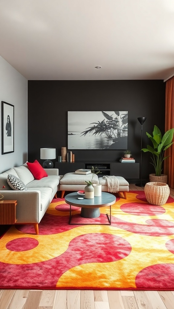 A contemporary living room featuring a colorful rug with red and yellow patterns.