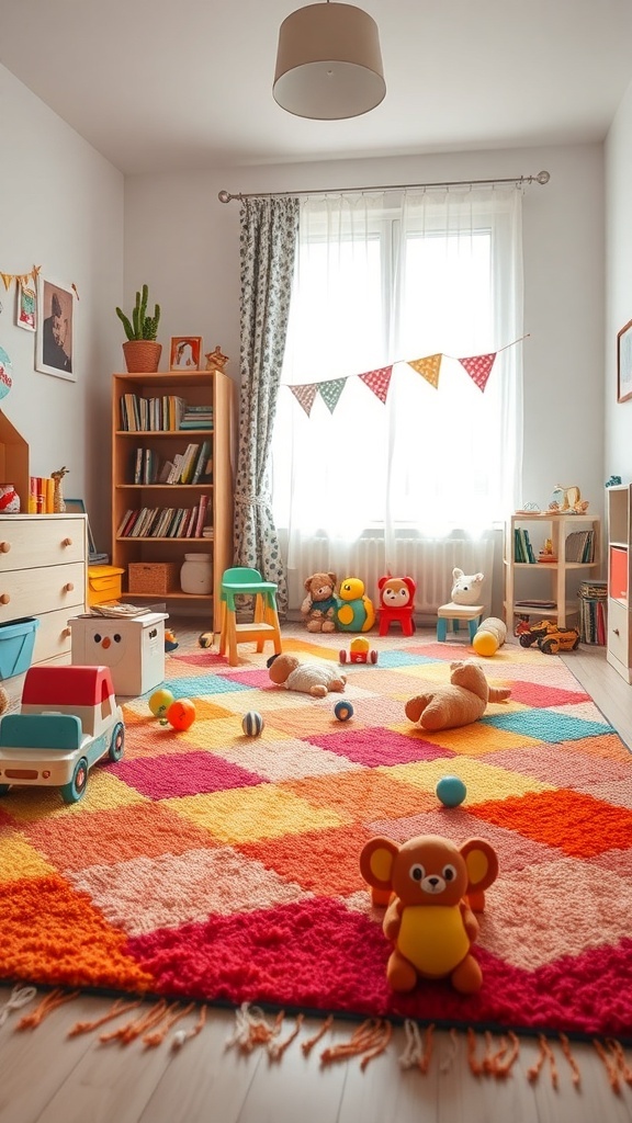A vibrant, colorful rug in a playful bedroom setting.