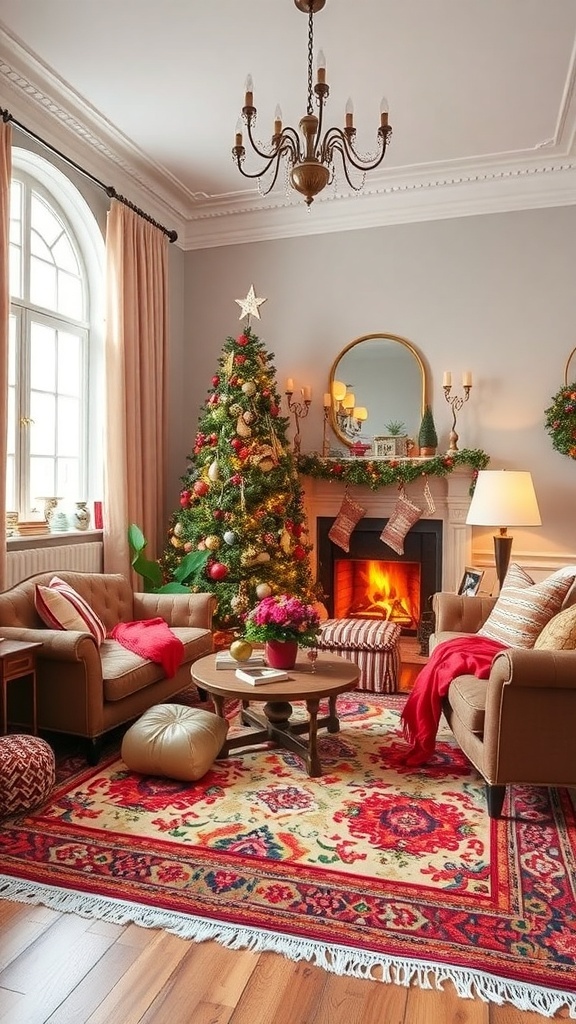 A cozy living room decorated for Christmas with a colorful rug, a Christmas tree, and a warm fireplace.