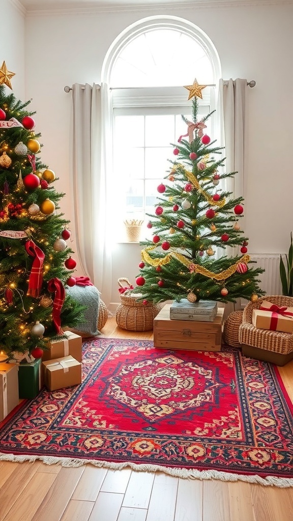 A cozy holiday living room with two decorated Christmas trees and a colorful rug.