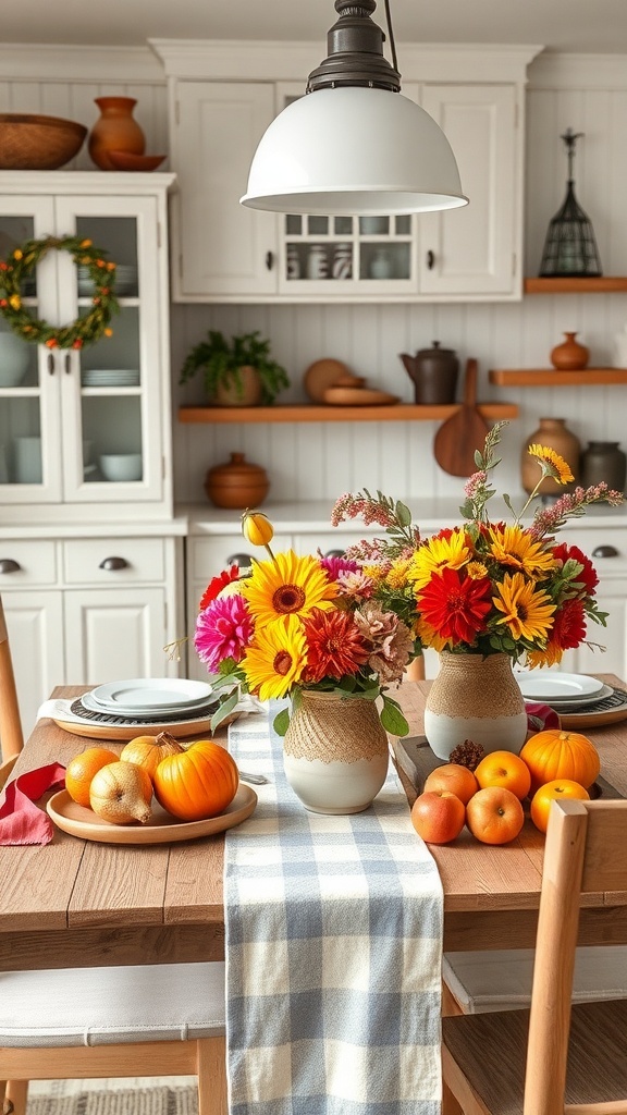 Farmhouse kitchen table decorated with colorful flowers and seasonal fruits.