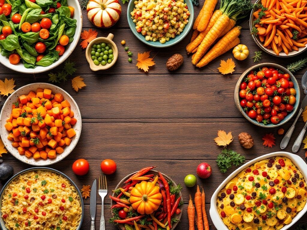 A colorful Thanksgiving spread featuring various side dishes including roasted butternut squash, spinach salad, corn salad, and more.