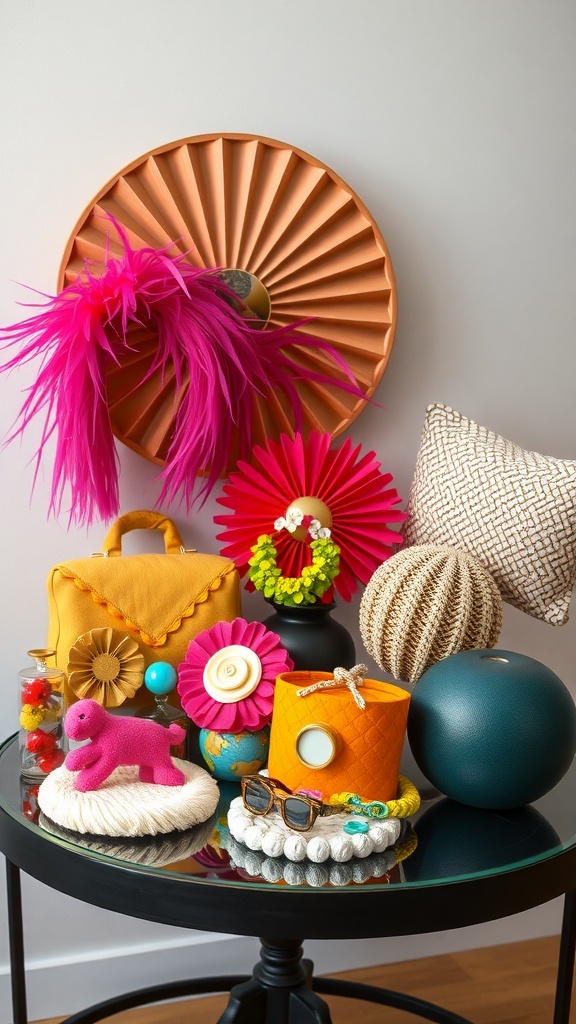 A collection of colorful statement accessories including a yellow handbag, pink and green jewelry, and playful decor items.