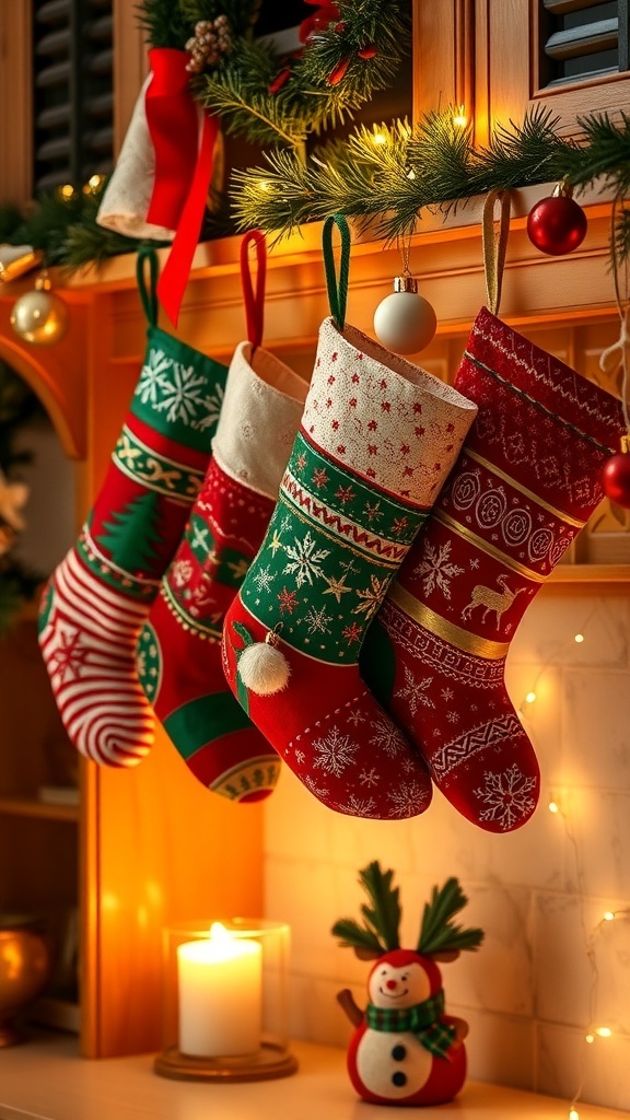 Colorful Christmas stockings hanging from a kitchen cabinet