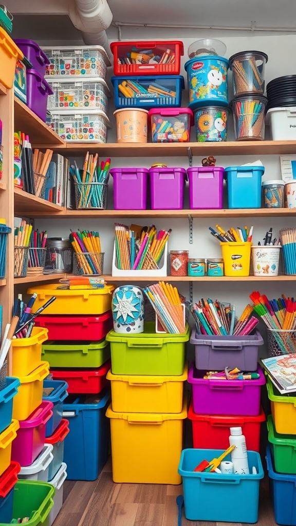 Colorful storage bins filled with craft supplies in a craft room.