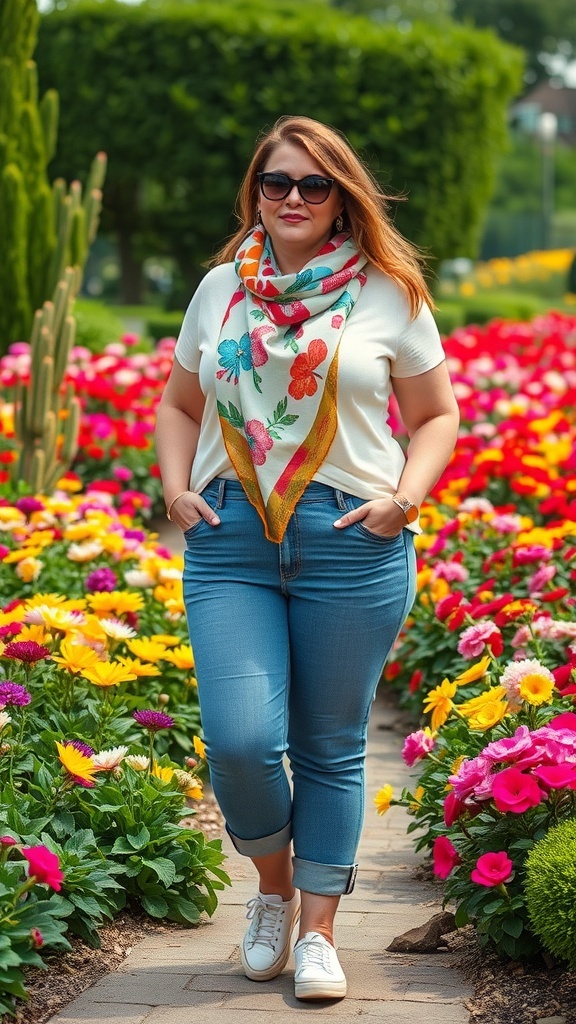 A plus-size woman wearing a colorful floral scarf, a white t-shirt, and blue jeans, walking through a flower garden.