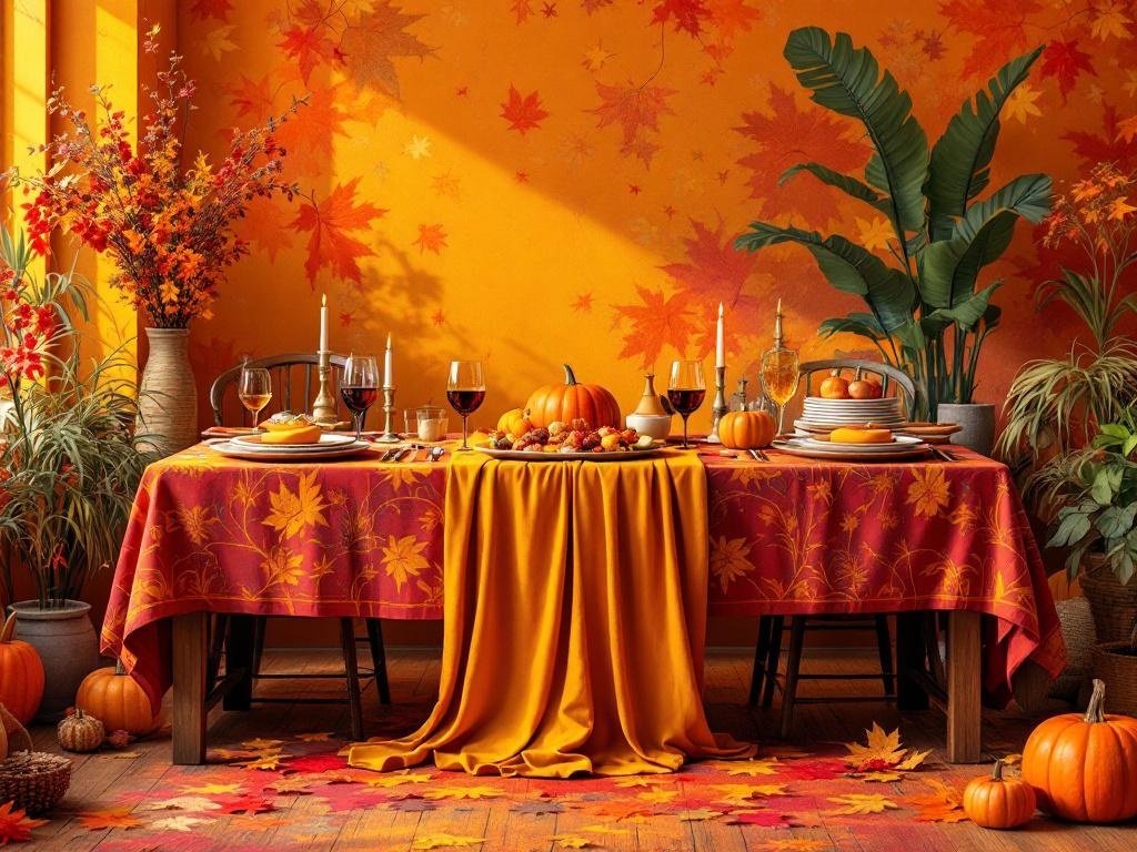 A Thanksgiving table setting with colorful linens, pumpkins, and fall decorations.