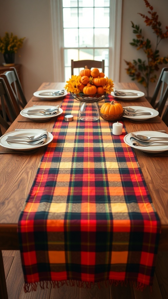 A dining table decorated with a plaid table runner, pumpkins, and sunflowers for Thanksgiving.