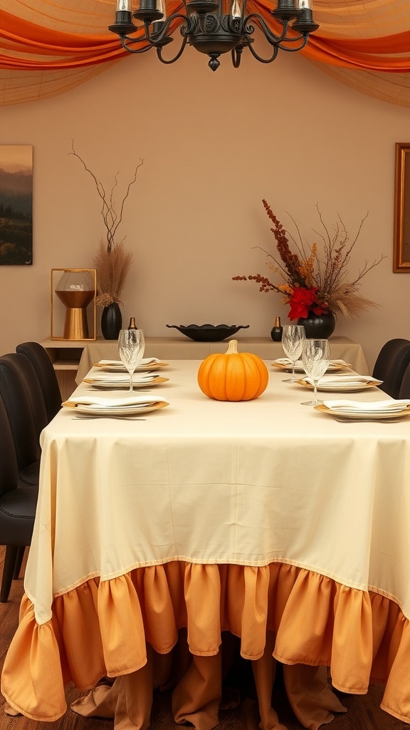 A Thanksgiving table with layered tablecloths, featuring a cream base and an orange ruffled overlay, decorated with a small pumpkin.