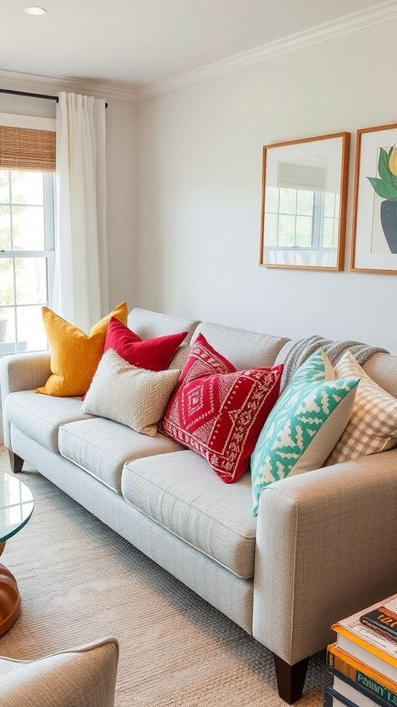 A cozy sofa adorned with colorful throw pillows in a boho farmhouse style.