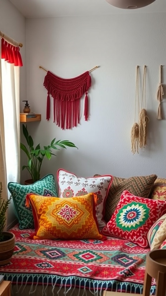 A cozy boho dorm room with colorful throw pillows on a seating area, showcasing vibrant patterns and hues.
