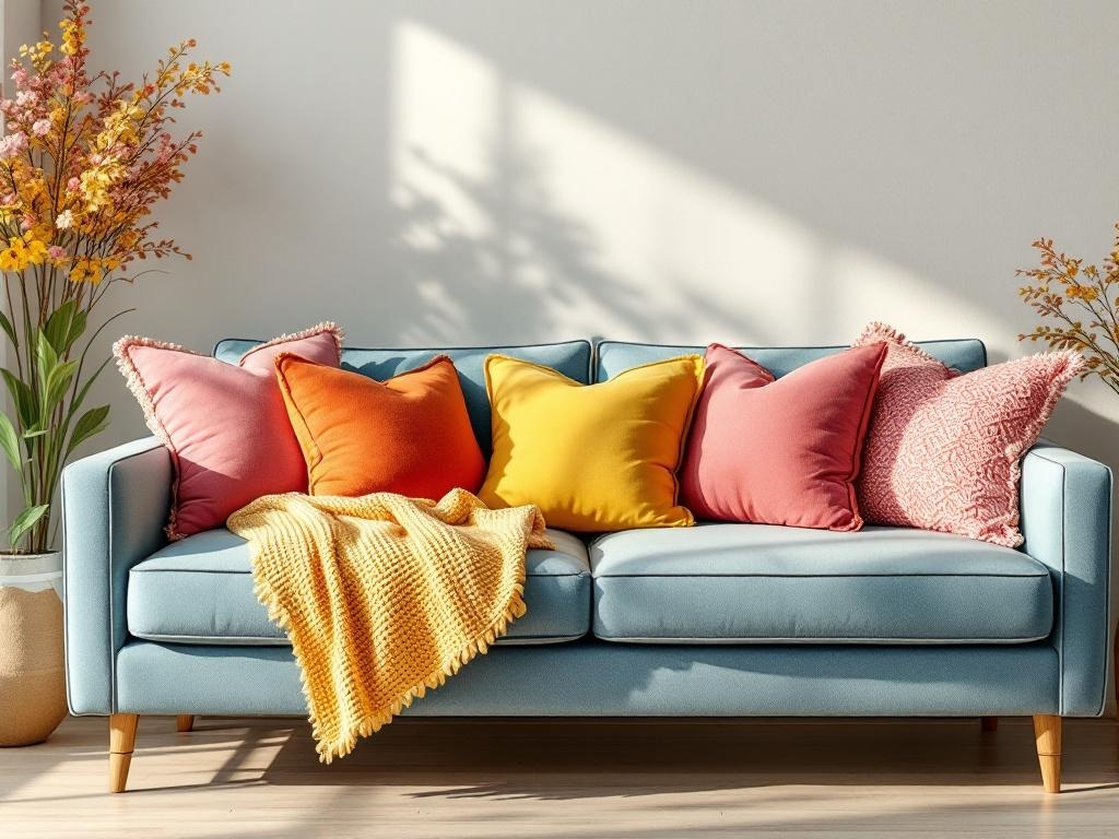 A cozy blue couch with colorful throw pillows in shades of orange, pink, and yellow, complemented by a knitted yellow blanket and a vase of flowers.