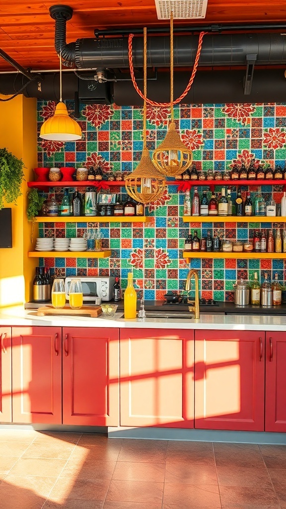 A kitchen bar with a colorful tile backdrop featuring red, green, and blue tiles, warm wooden accents, and stylish barware.