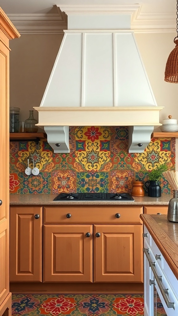 A vibrant tile backsplash in a farmhouse kitchen with colorful patterns.