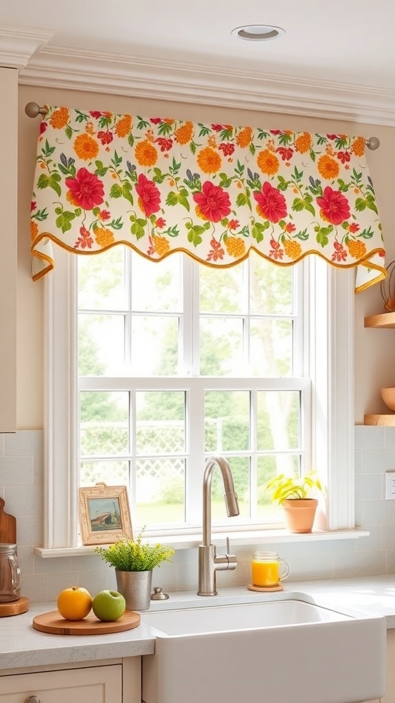 Colorful floral valance in a farmhouse kitchen