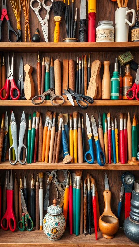 A colorful display of vintage craft tools on wooden shelves.