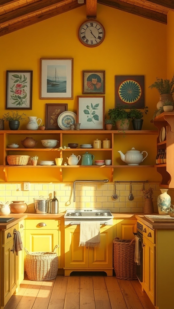 A bright yellow farmhouse kitchen with colorful wall art featuring animals and vintage designs.