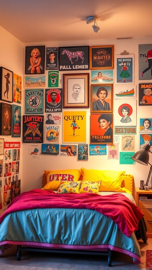 A colorful teen girl's bedroom with a variety of wall art and a cozy bed.