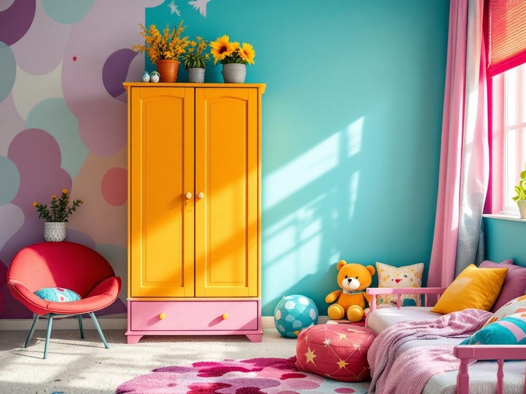 A vibrant bedroom featuring a yellow wardrobe, pink accents, and colorful decor.
