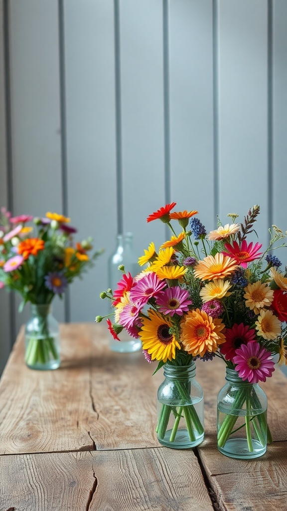 Colorful wildflower bouquets in glass jars on a rustic wooden table.