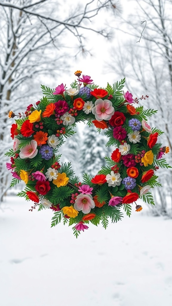 A colorful winter wreath adorned with various flowers hanging against a snowy backdrop.