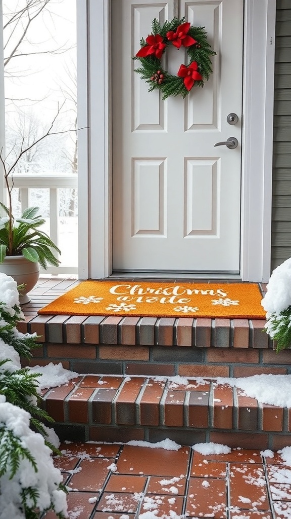 Colorful winter door mat on a snowy porch