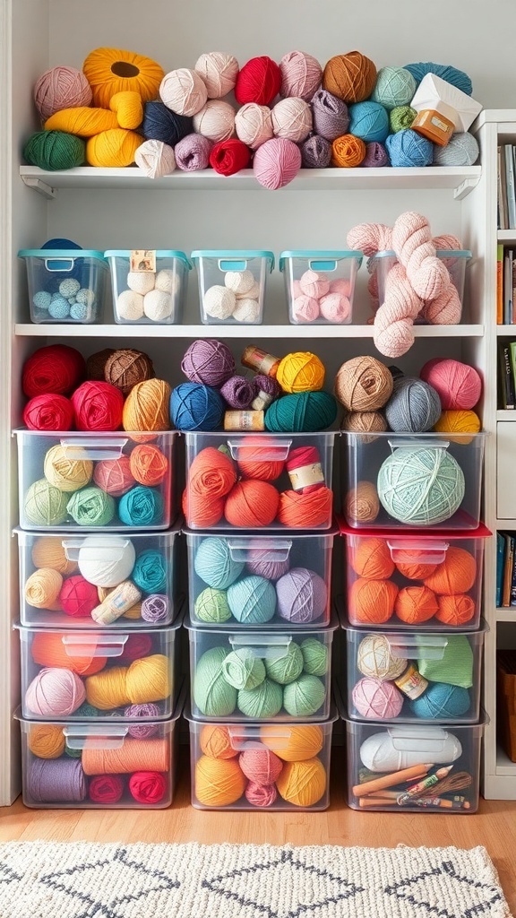Colorful yarn storage solutions with shelves and clear bins filled with various yarn colors.