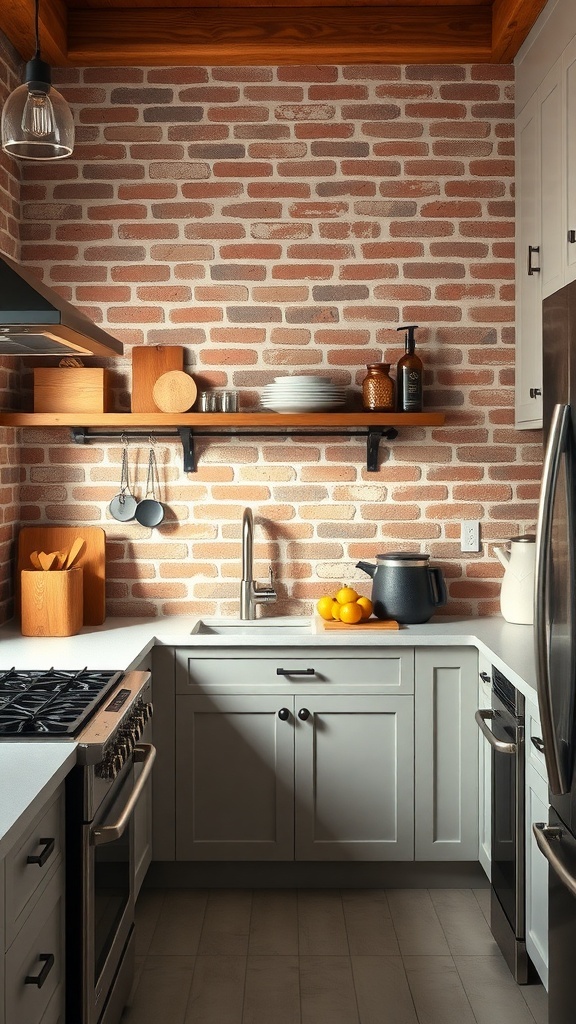 A cozy farmhouse kitchen featuring a brick backsplash and modern fixtures.