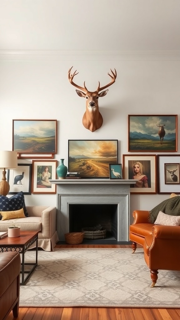 A living room with a deer mount above a fireplace, surrounded by various artworks.
