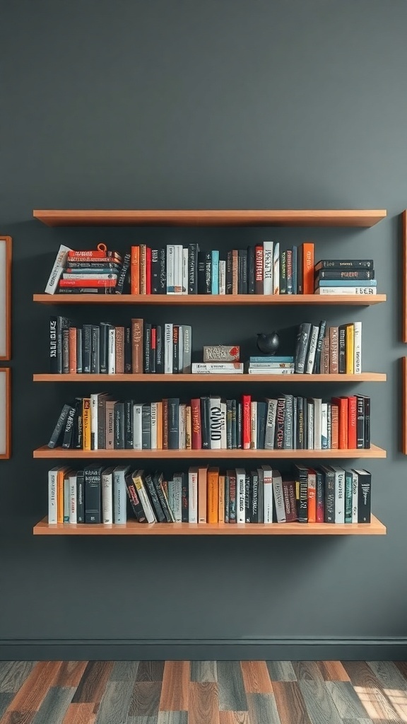 Floating shelves filled with books on a dark wall, with wall art nearby.