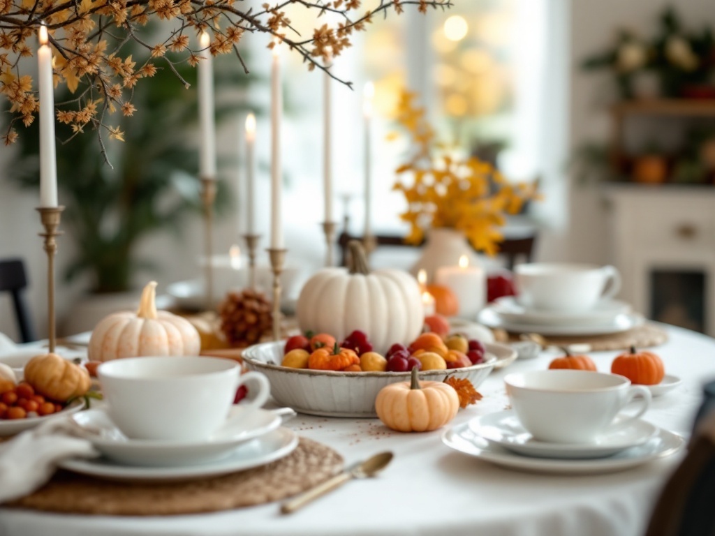 Thanksgiving table setting with white dinnerware, pumpkins, and autumn decorations.